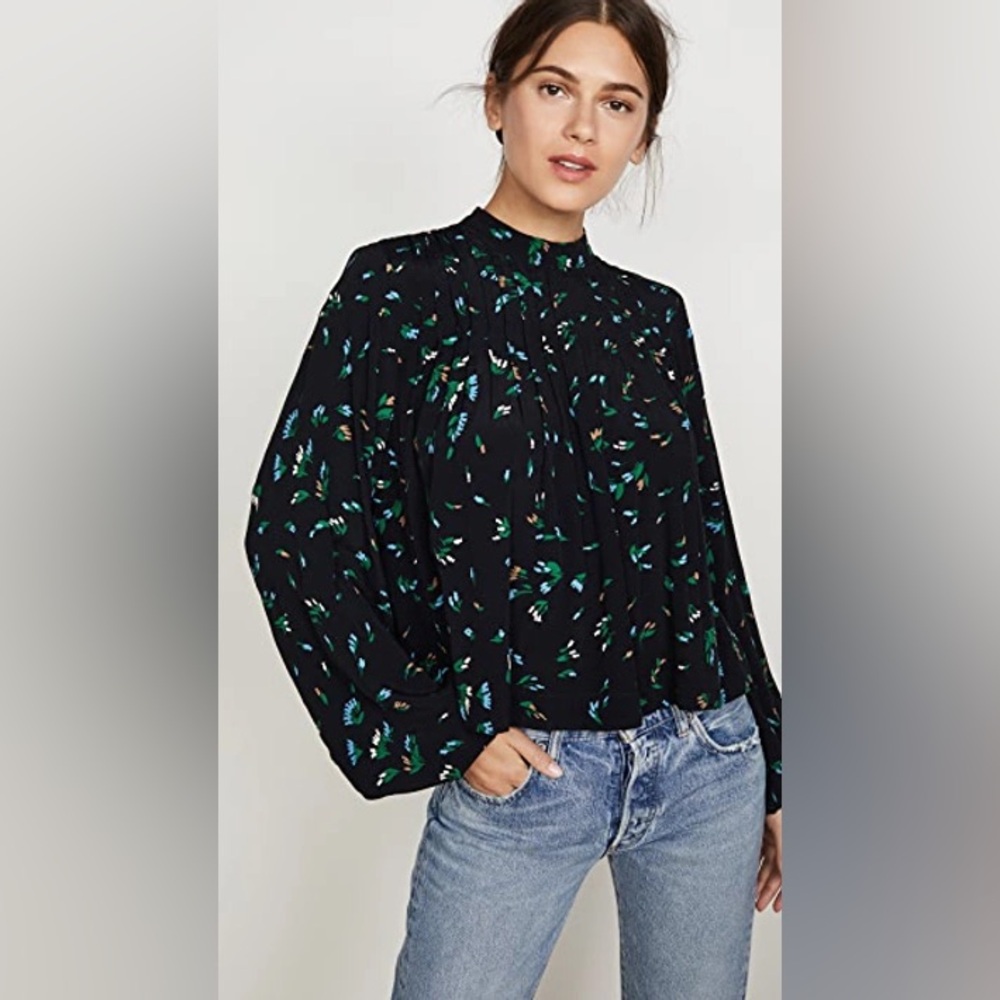 Ganni Black Printed Crepe Blouse Verdant Green Floral Long Sleeve Mock Neck